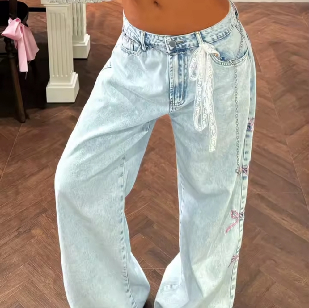Women Straight-Leg Denim Pants With Side Bow TrimSimple Street Style Casual Fas - Picture 4 of 7